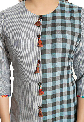Check Printed Cotton Asymmetric Kurta in Light Grey