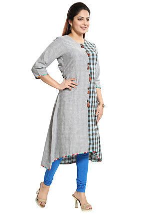 Check Printed Cotton Asymmetric Kurta in Light Grey