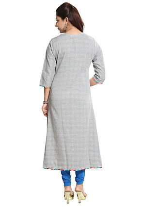 Check Printed Cotton Asymmetric Kurta in Light Grey