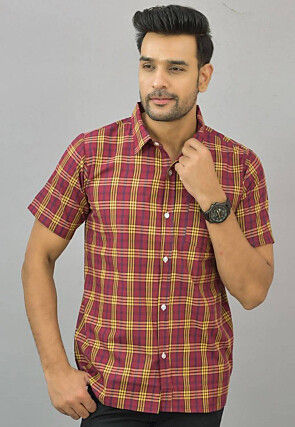 Check Printed Cotton Flex Shirt in Red