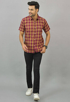 Check Printed Cotton Flex Shirt in Red