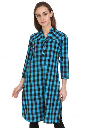 Check Printed Cotton Kurta in Blue and Black