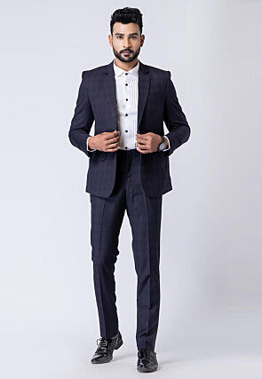 Check Printed Polyester Blazer in Navy Blue