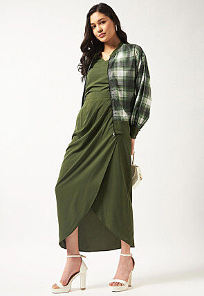 Check Printed Polyester Co Ord Set with Jacket in Olive Green