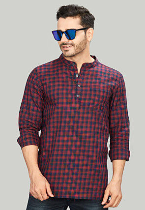 Check Printed Pure Cotton Short Kurta in Navy Blue and Maroon