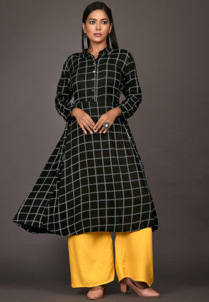 Check Printed Rayon Pakistani Suit in Black