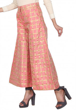 Checkered Chanderi Cotton Palazzo in Pink