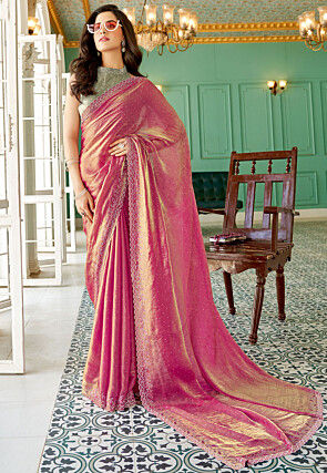 Embellished Chiffon Saree in Pink