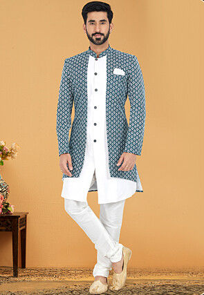 Chikankari Art Silk Jacket Style Sherwani in Green and White