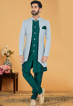 Chikankari Art Silk Jacket Style Sherwani in Grey and Green