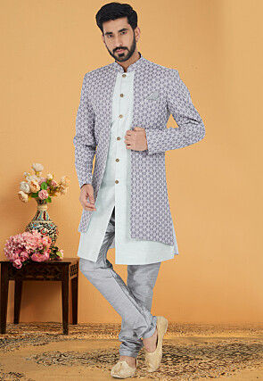 Chikankari Art Silk Jacket Style Sherwani in Grey and White