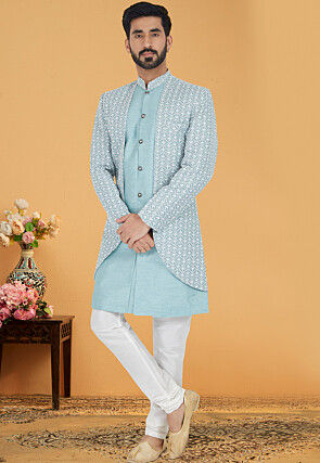 Chikankari Art Silk Jacket Style Sherwani in Light Blue