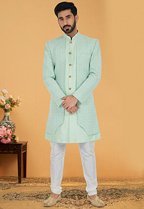 Chikankari Art Silk Jacket Style Sherwani in Light Green