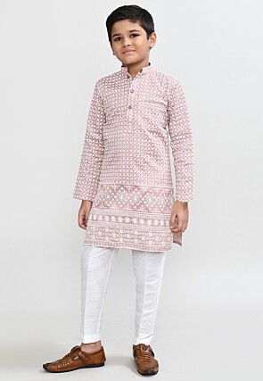Chikankari Art Silk Kurta Set in Pink