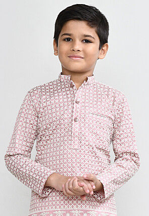 Chikankari Art Silk Kurta Set in Pink