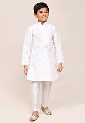 Chikankari Art Silk Kurta Set in White