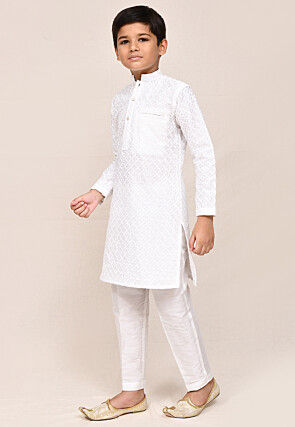 Chikankari Art Silk Kurta Set in White
