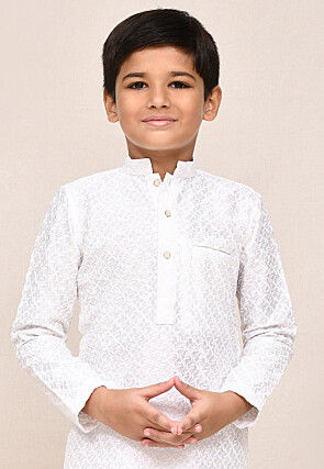 Chikankari Art Silk Kurta Set in White