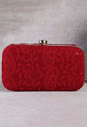 Chikankari Art Silk Rectangular Clutch Bag in Red