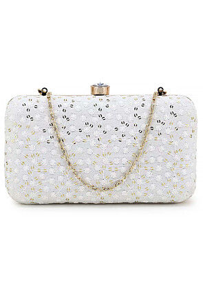 Chikankari Art Silk Rectangular Clutch Bag in White