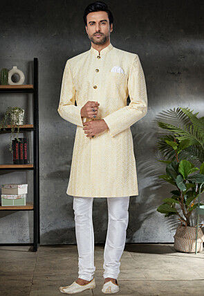 Chikankari Art Silk Sherwani in Beige