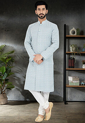 Chikankari Art Silk Sherwani in Light Blue