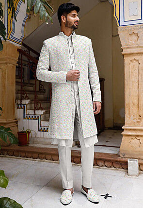 Chikankari Georgette Sherwani in Off White