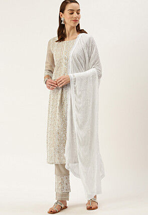 Chikankari Chanderi Cotton Pakistani Suit in Fawn
