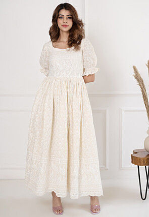 Chikankari Cotton Gown in Off White