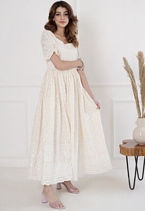 Chikankari Cotton Gown in Off White