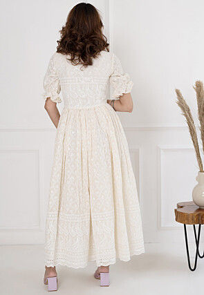 Chikankari Cotton Gown in Off White