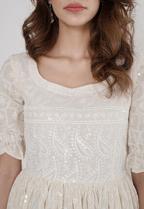 Chikankari Cotton Gown in Off White