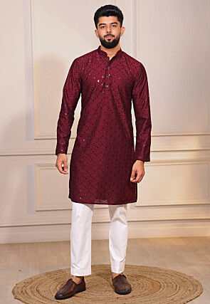 Chikankari Cotton Kurta Set in Maroon
