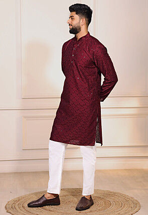 Chikankari Cotton Kurta Set in Maroon
