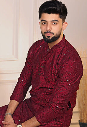 Chikankari Cotton Kurta Set in Maroon