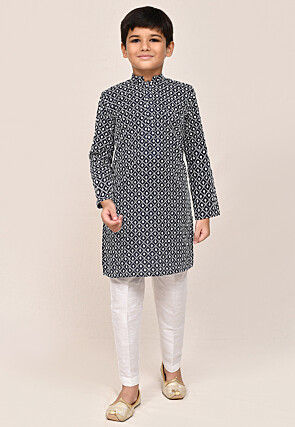 Chikankari Cotton Kurta Set in Navy Blue