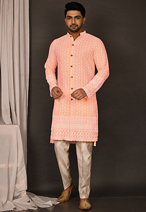 Chikankari Cotton Kurta Set in Peach