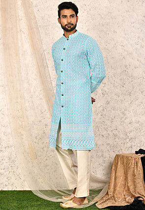 Chikankari Cotton Kurta Set in Sky Blue