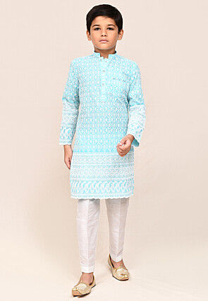 Chikankari Cotton Kurta Set in Sky Blue