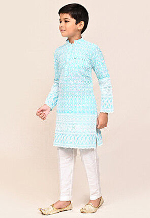 Chikankari Cotton Kurta Set in Sky Blue