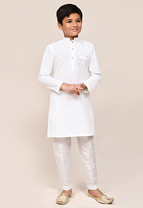 Chikankari Cotton Linen Kurta Set in White