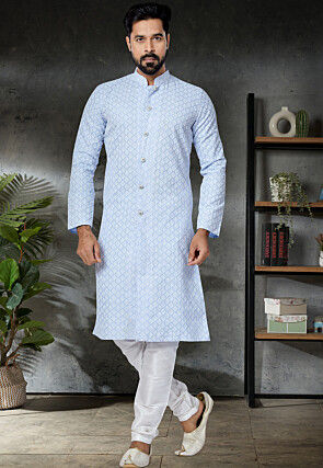 Chikankari Cotton Sherwani in Pastel Blue