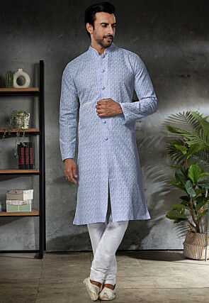 Chikankari Cotton Sherwani in Pastel Blue