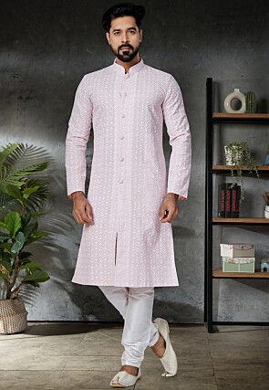 Chikankari Cotton Sherwani in Pink