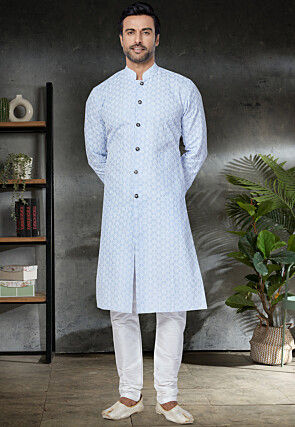 Chikankari Cotton Sherwani in Sky Blue