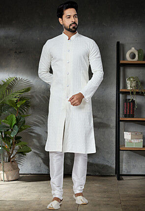 Chikankari Cotton Sherwani in White
