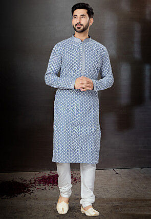 Chikankari Cotton Silk Kurta in Blue