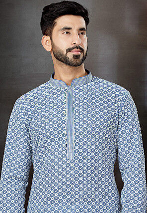 Chikankari Cotton Silk Kurta in Blue