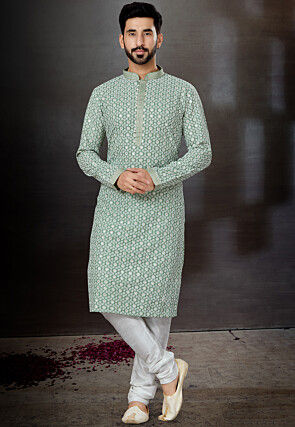 Chikankari Cotton Silk Kurta Set in Green