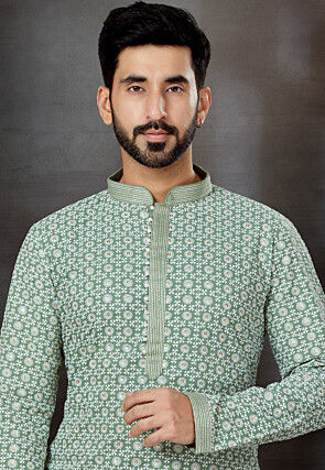 Chikankari Cotton Silk Kurta Set in Green